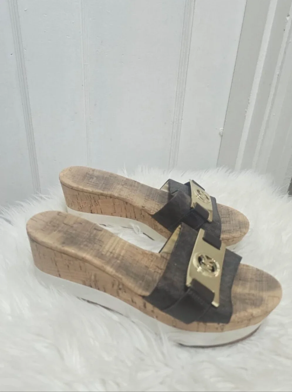 Michael Kors Womens MK Warren Platform Cork Slide Sandals Brown Gold Size 8M